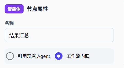 Agent 节点属性面板截图：标题处标着「智能体 · 节点属性」，下方是名称输入框（填着「结果汇总」），再下面一组单选可在「引用现有 Agent」与「工作流内联」之间切换，当前选中工作流内联。